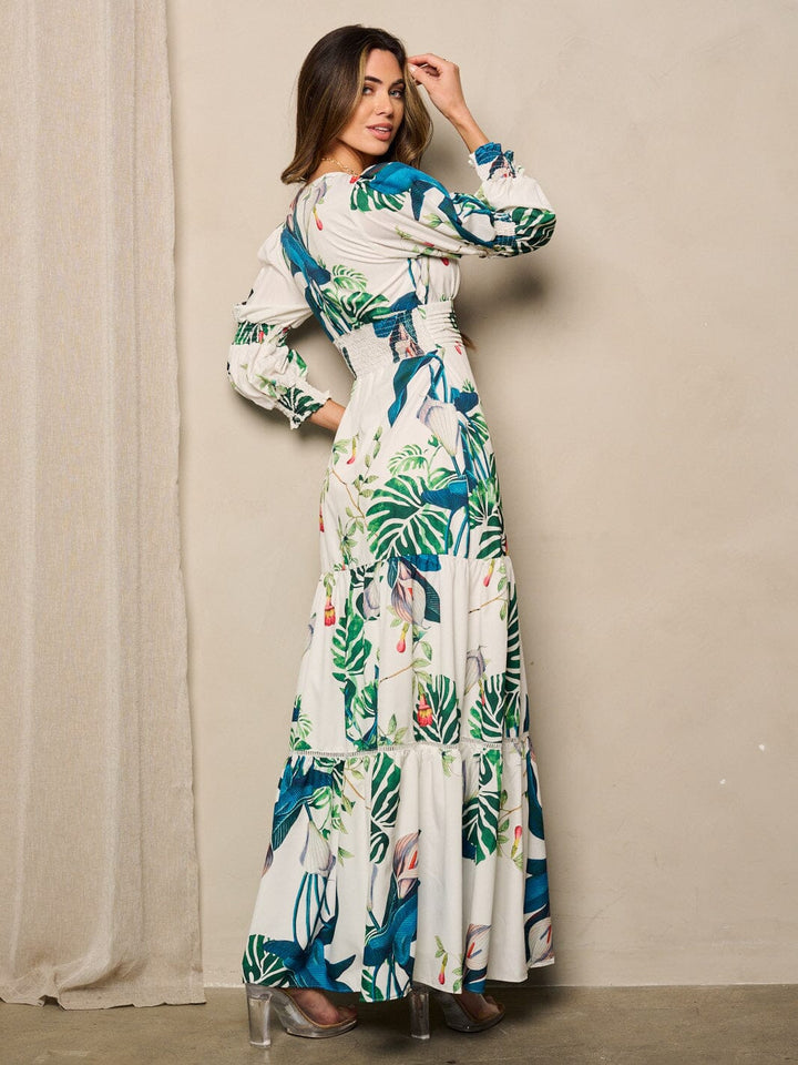 WOMEN'S LONG SLEEVES V-NECK TIERED FLORAL MAXI DRESS