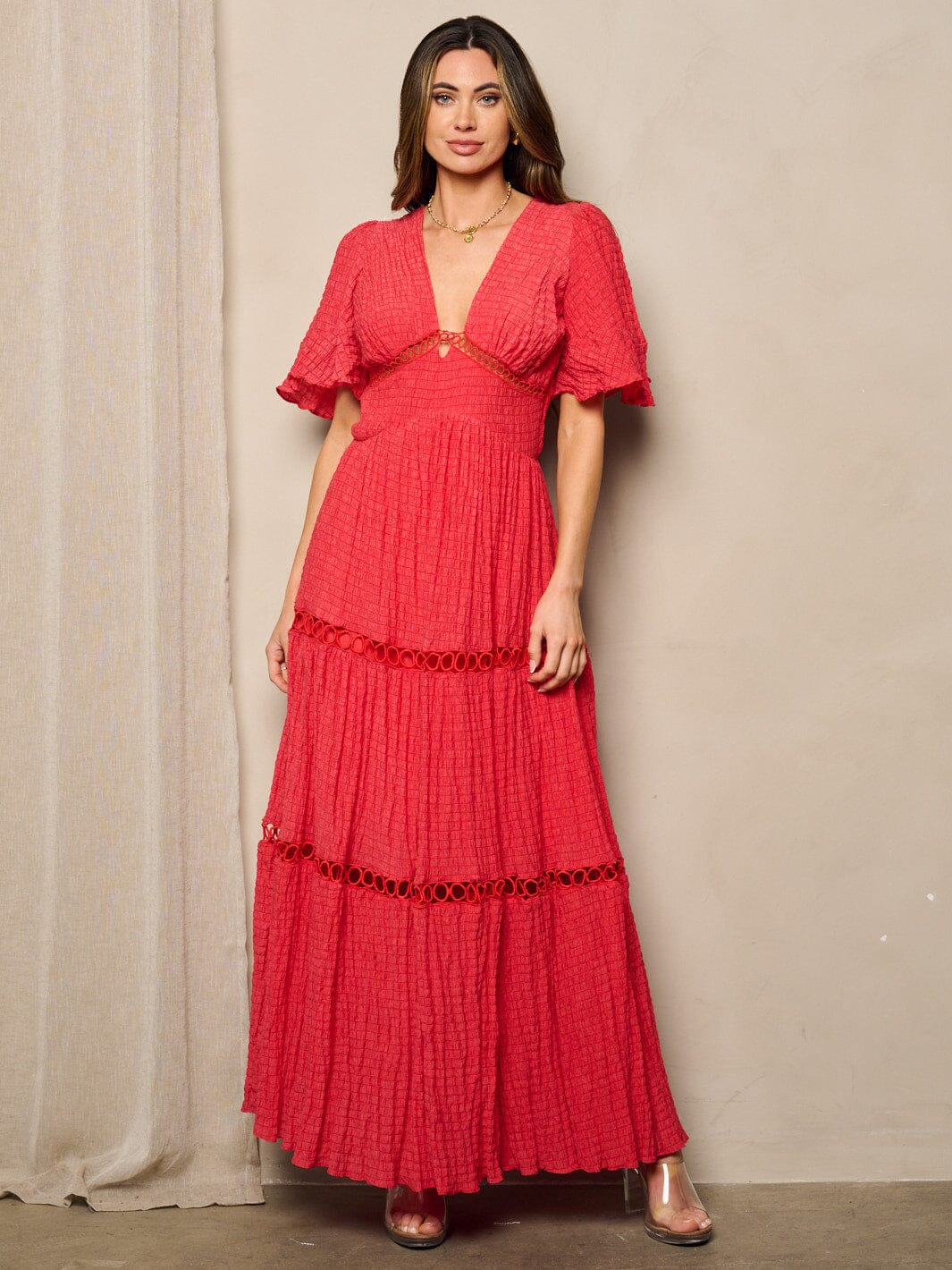 WOMEN'S SHORT SLEEVES V-NECK TIERED EYELET MAXI DRESS