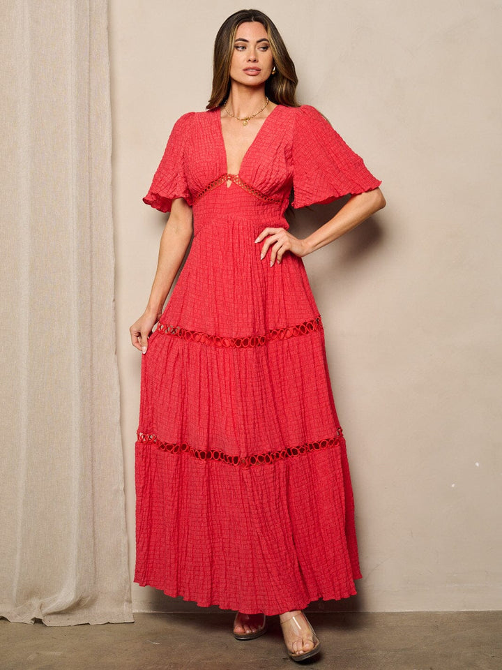 WOMEN'S SHORT SLEEVES V-NECK TIERED EYELET MAXI DRESS