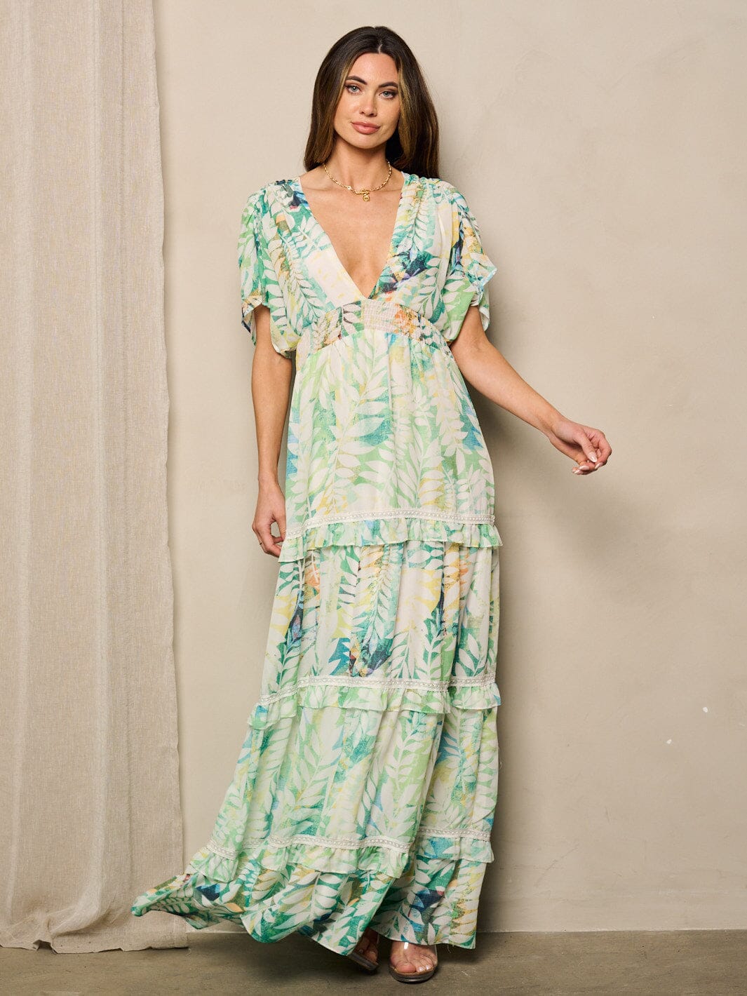 WOMEN'S SHORT SLEEVE V-NECK LEAF PRINT MAXI DRESS
