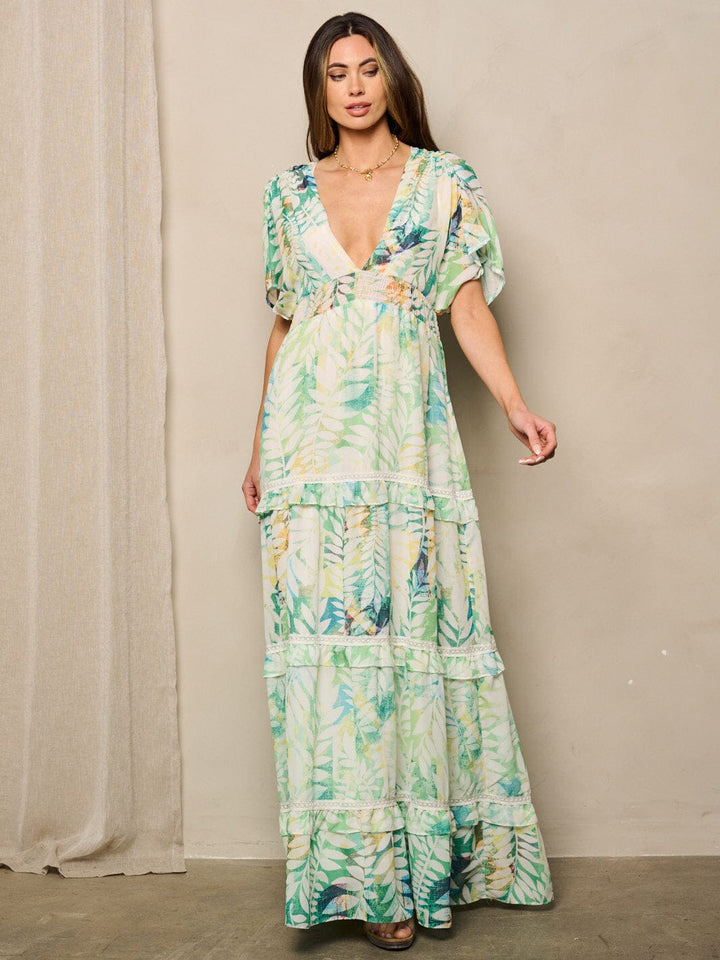 WOMEN'S SHORT SLEEVE V-NECK LEAF PRINT MAXI DRESS