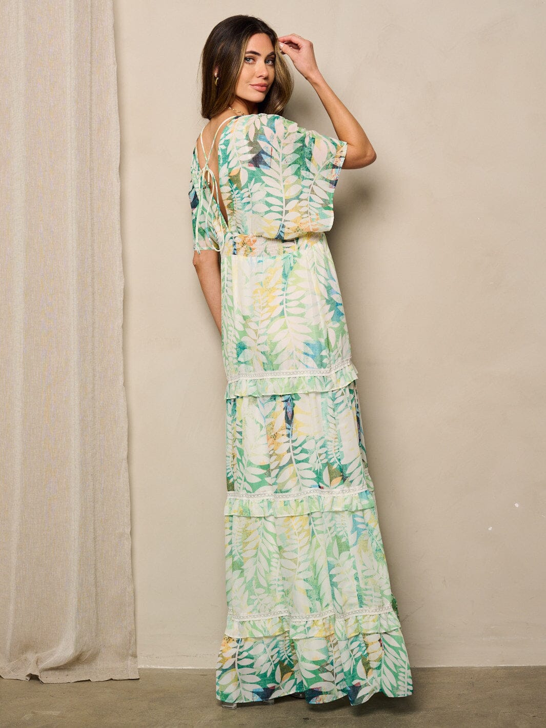 WOMEN'S SHORT SLEEVE V-NECK LEAF PRINT MAXI DRESS
