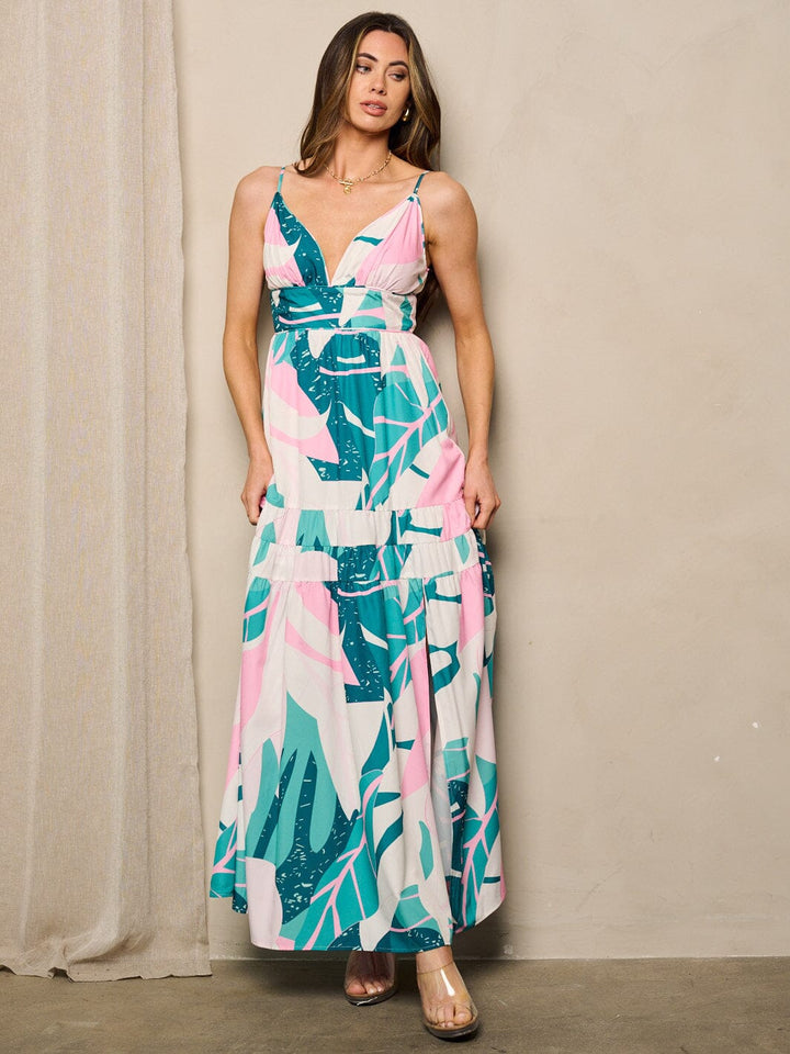 WOMEN'S SLEEVELESS V-NECK MULTI PRINT MAXI DRESS
