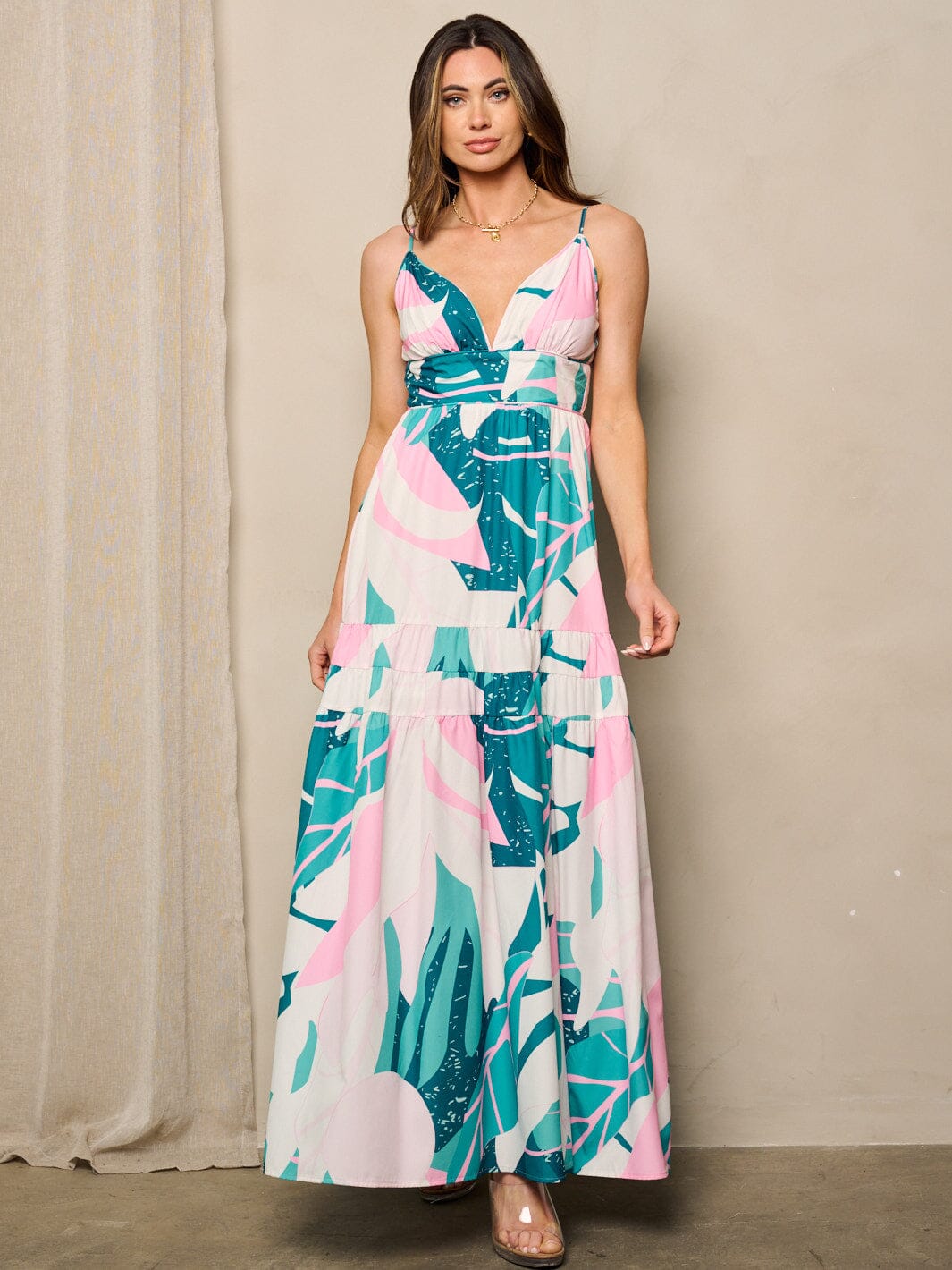 WOMEN'S SLEEVELESS V-NECK MULTI PRINT MAXI DRESS