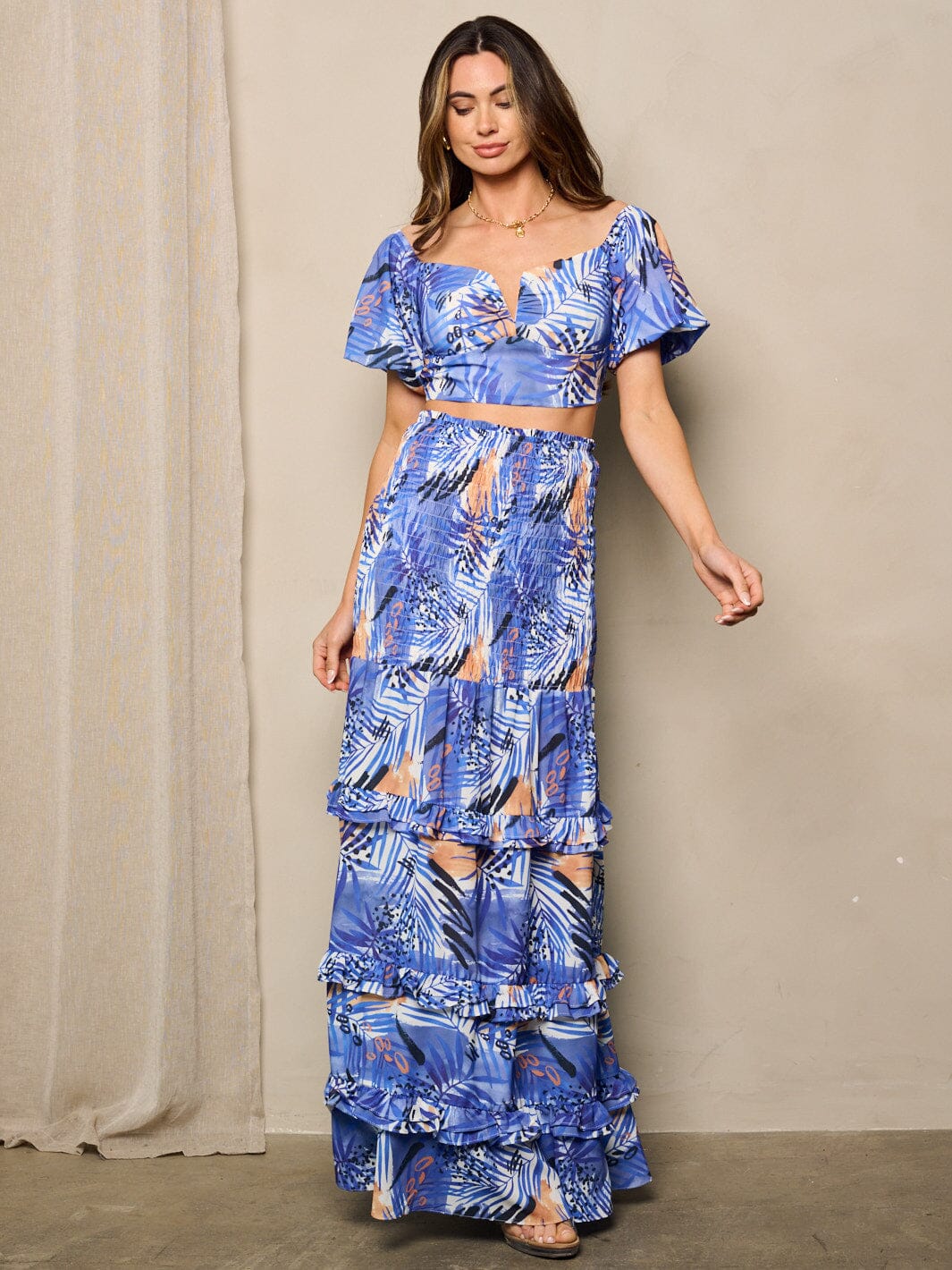 WOMEN'S SHORT SLEEVE CROP TOP & MAXI RUFFLE SKIRT 2PC. SET