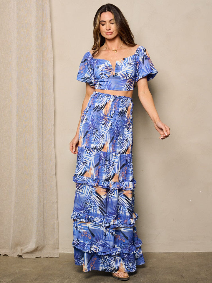 WOMEN'S SHORT SLEEVE CROP TOP & MAXI RUFFLE SKIRT 2PC. SET