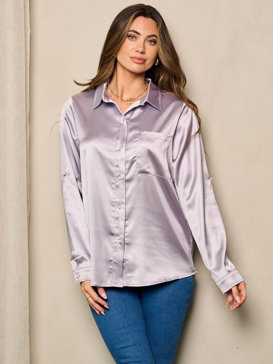 WOMEN'S LONG SLEEVE BUTTON UP STIN BLOUSE TOP