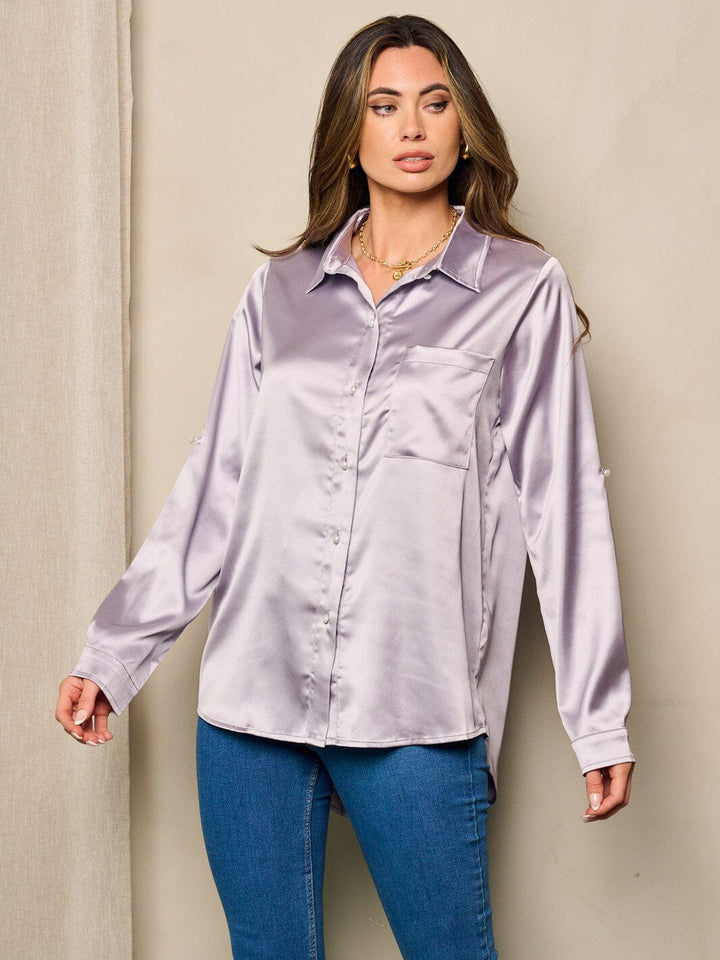 WOMEN'S LONG SLEEVE BUTTON UP STIN BLOUSE TOP