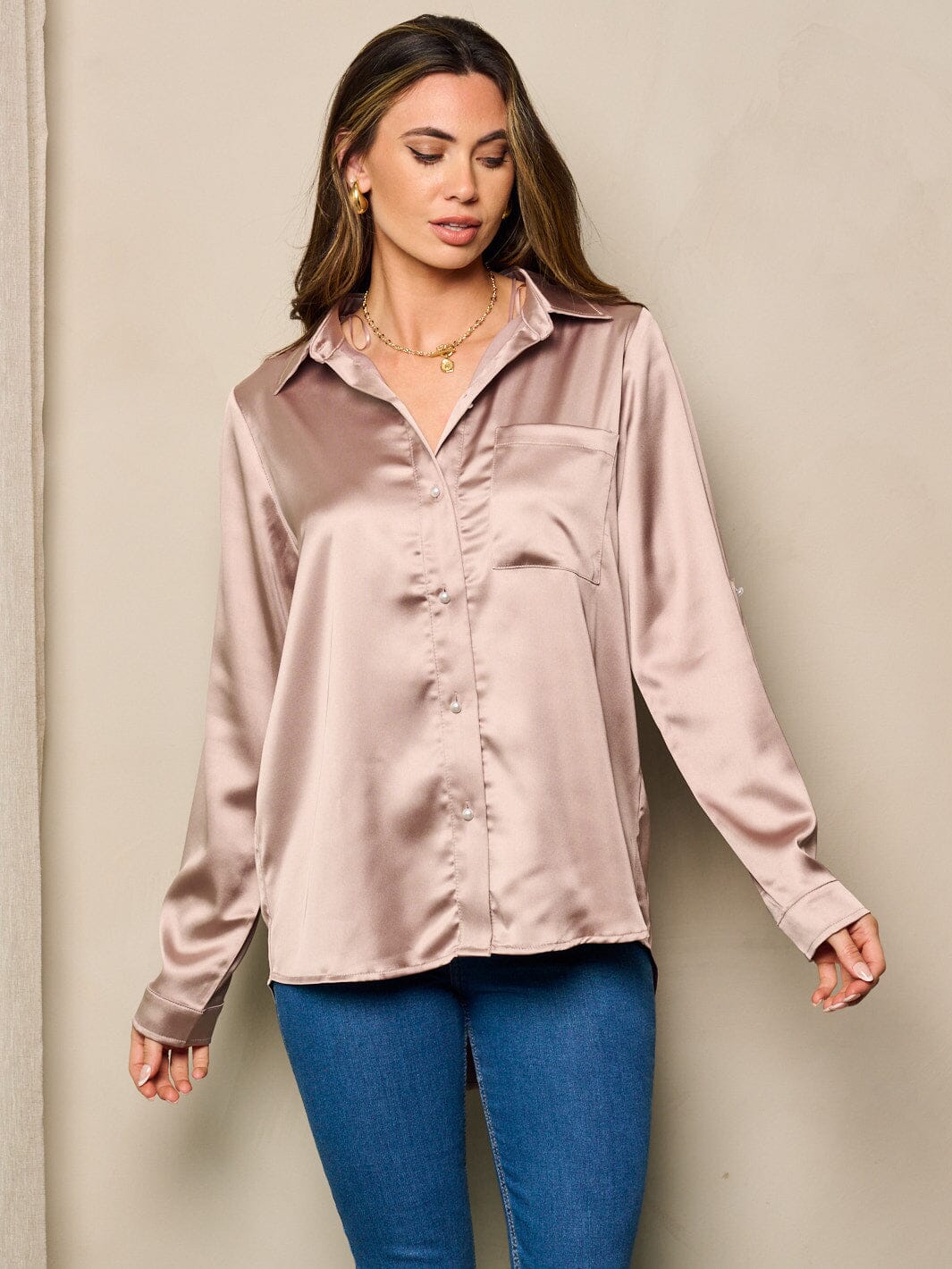 WOMEN'S LONG SLEEVE BUTTON UP STIN BLOUSE TOP