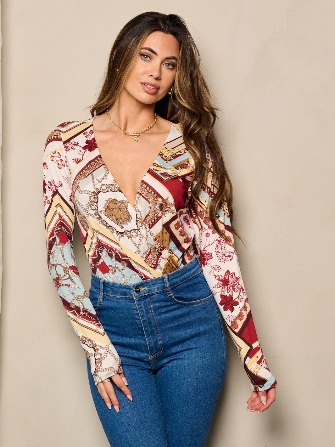 WOMEN'S LONG SLEEVE SURPLICE MULTI PRINT BODYSUIT