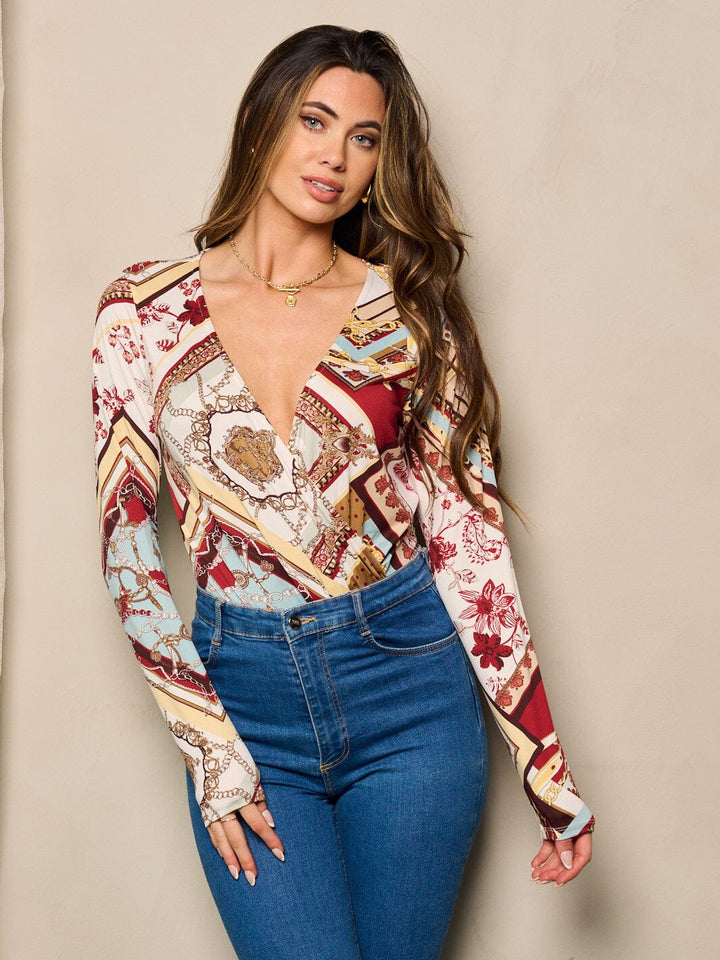 WOMEN'S LONG SLEEVE SURPLICE MULTI PRINT BODYSUIT