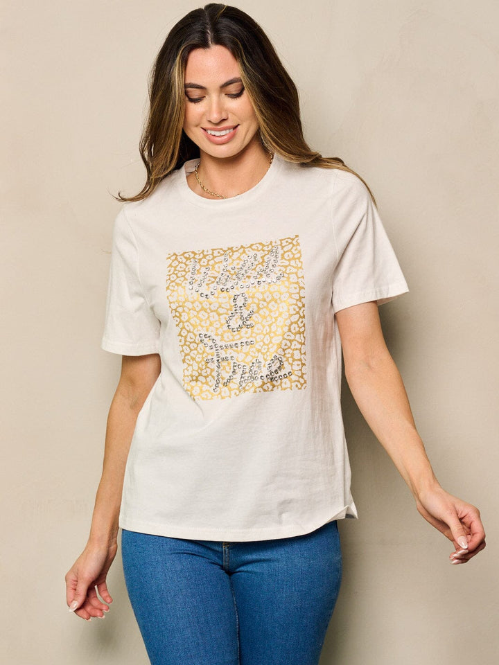 WOMEN'S SHORT SLEEVE ANIMAL PRINT & STUDS DETAILED TOP