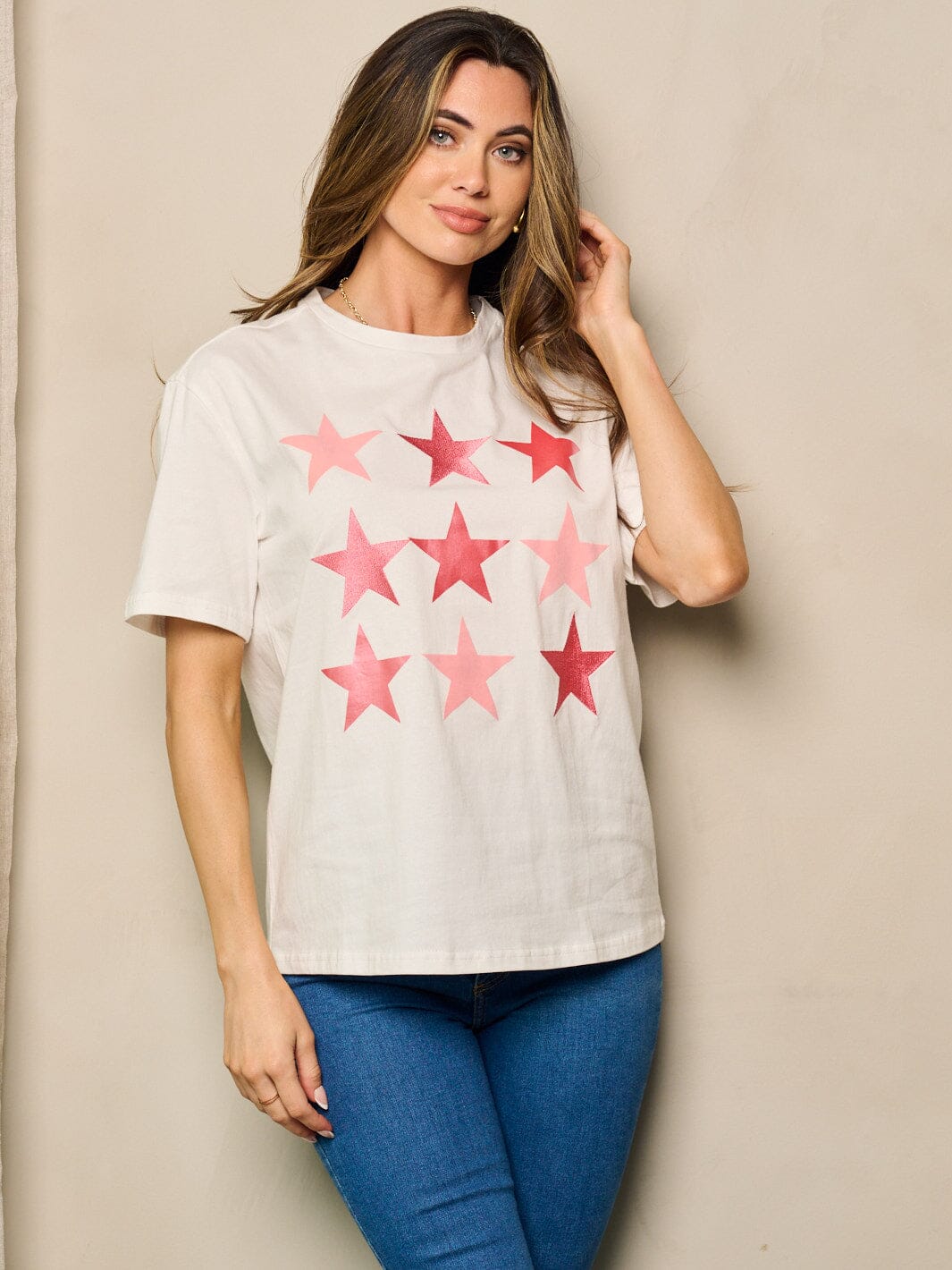WOMEN'S SHORT SLEEVE STARS PRINT TOP