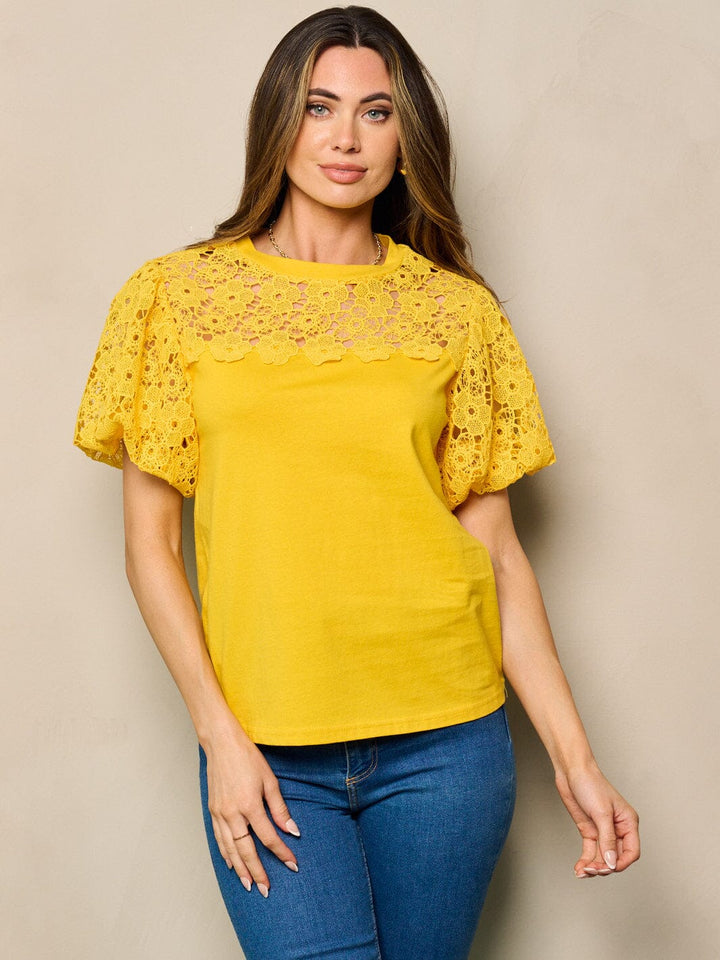 WOMEN'S SHORT PUFF SLEEVES LACE DETAILED BLOUSE TOP