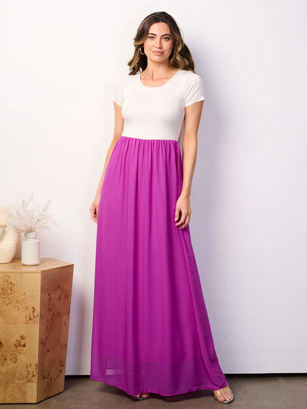WOMEN'S SHORT SLEEVE ELASTIC WAIST COLORBLOCK MAXI DRESS
