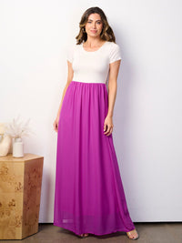 WOMEN'S SHORT SLEEVE ELASTIC WAIST COLORBLOCK MAXI DRESS