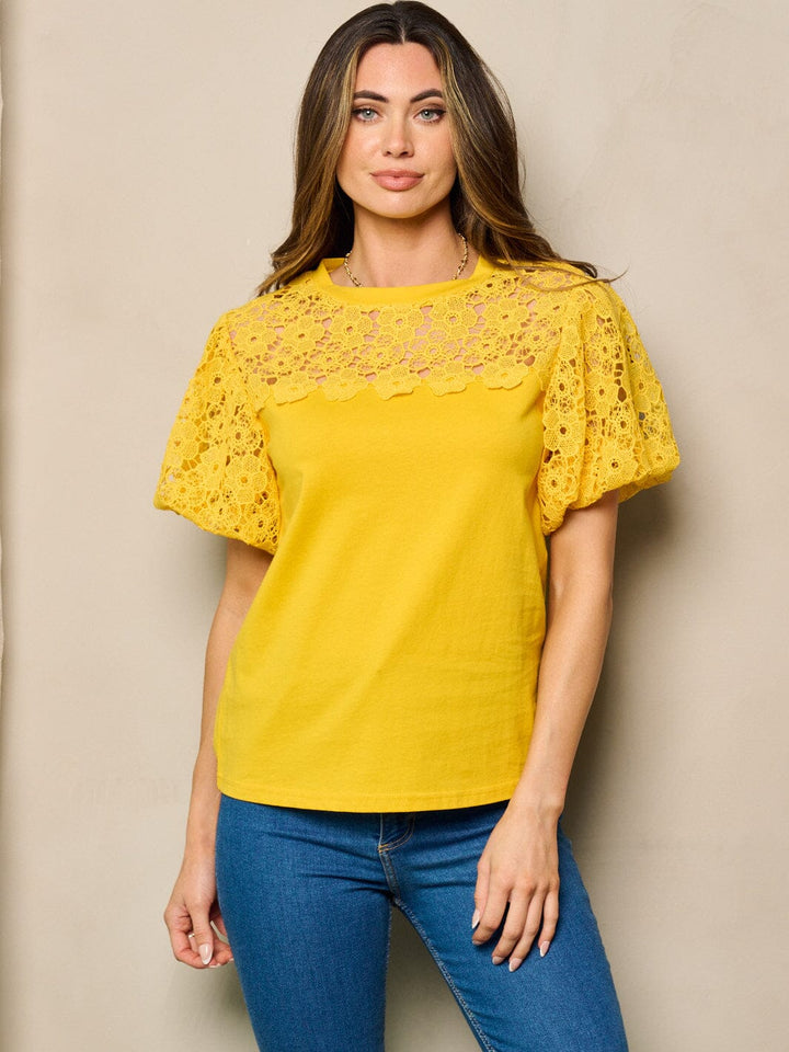 WOMEN'S SHORT PUFF SLEEVES LACE DETAILED BLOUSE TOP