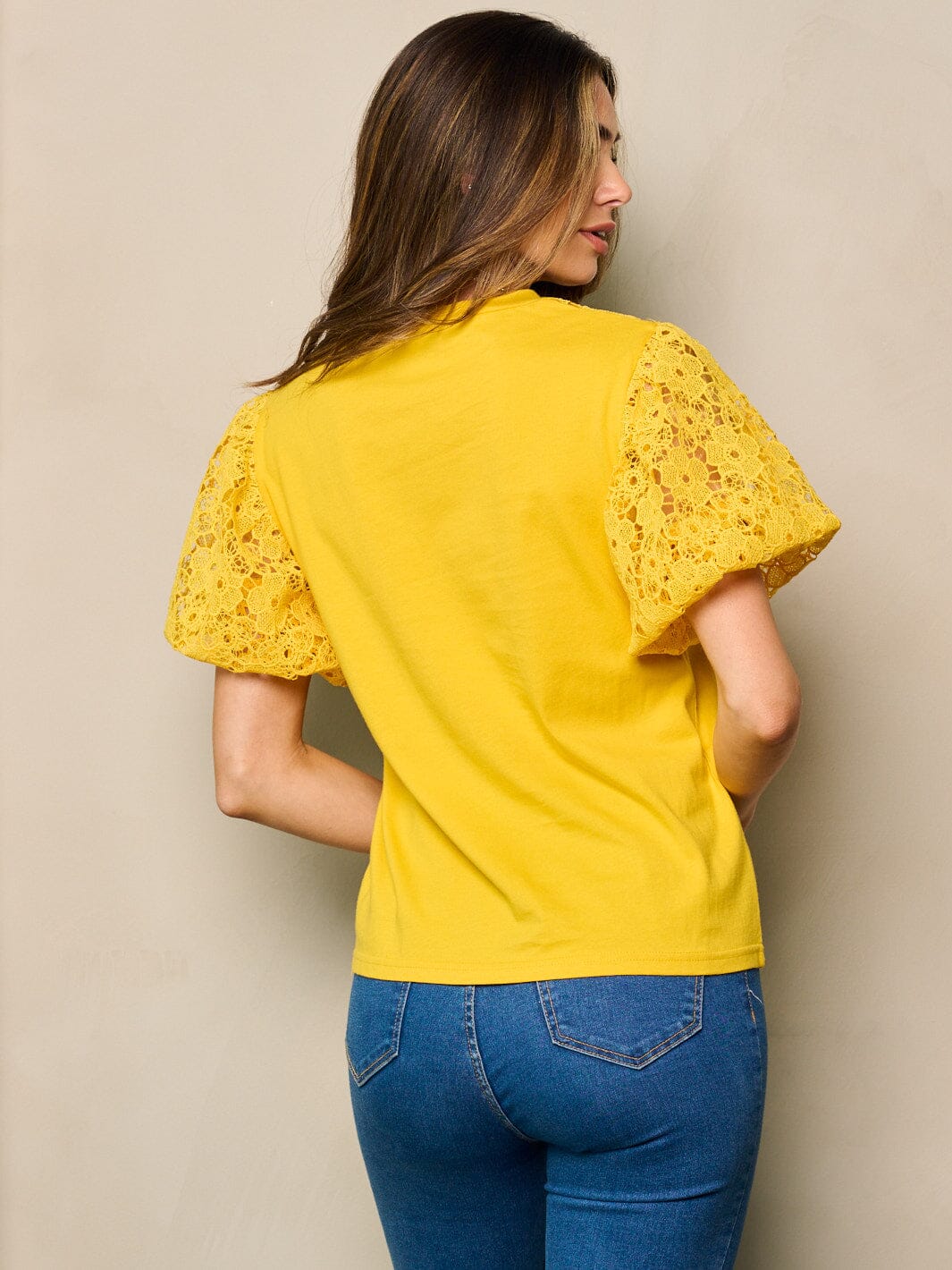 WOMEN'S SHORT PUFF SLEEVES LACE DETAILED BLOUSE TOP