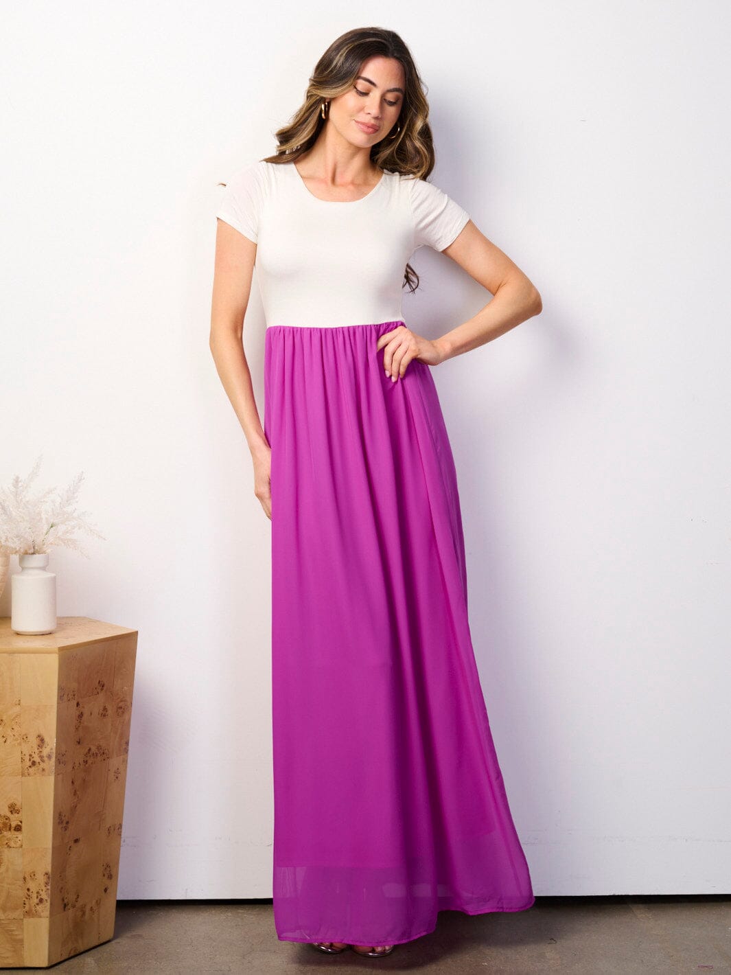 WOMEN'S SHORT SLEEVE ELASTIC WAIST COLORBLOCK MAXI DRESS