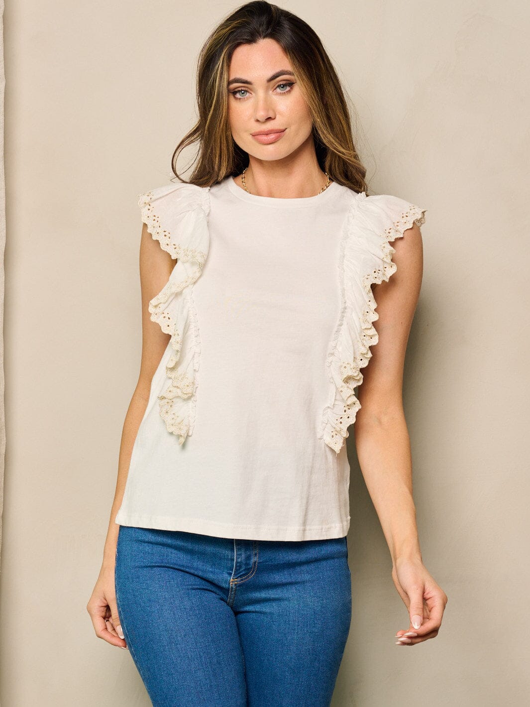 WOMEN'S SLEEVELESS RUFFLE TRIM DETAILED BLOUSE TOP