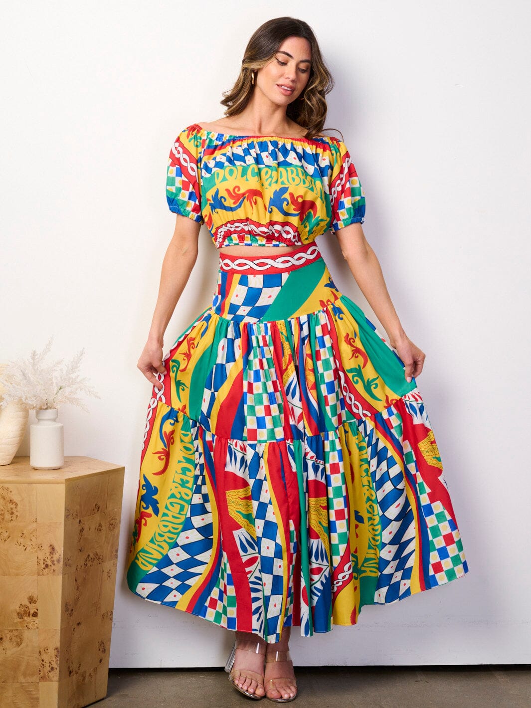 WOMEN'S SHORT SLEEVE CROP TOP & MAXI SKIRT MULTI PRINT 2PC. SET