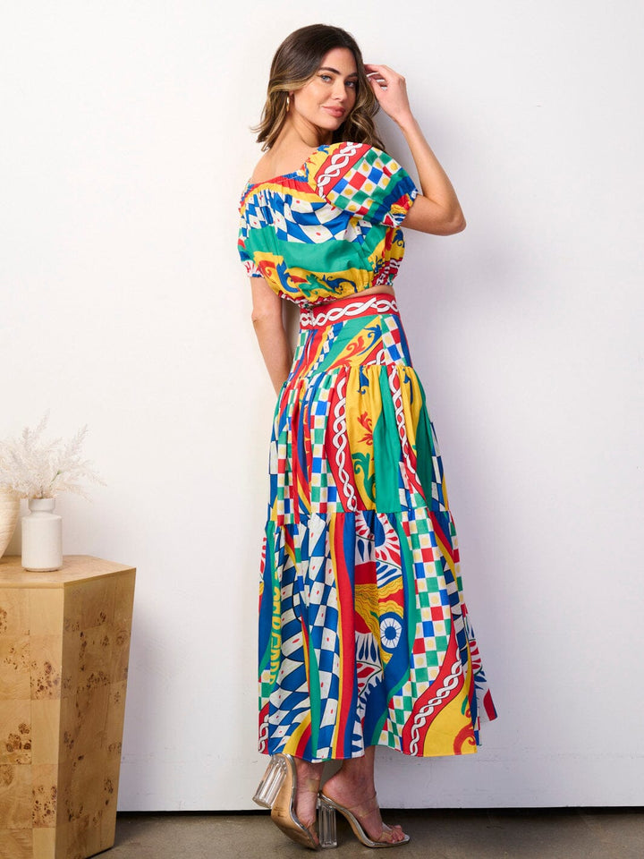 WOMEN'S SHORT SLEEVE CROP TOP & MAXI SKIRT MULTI PRINT 2PC. SET