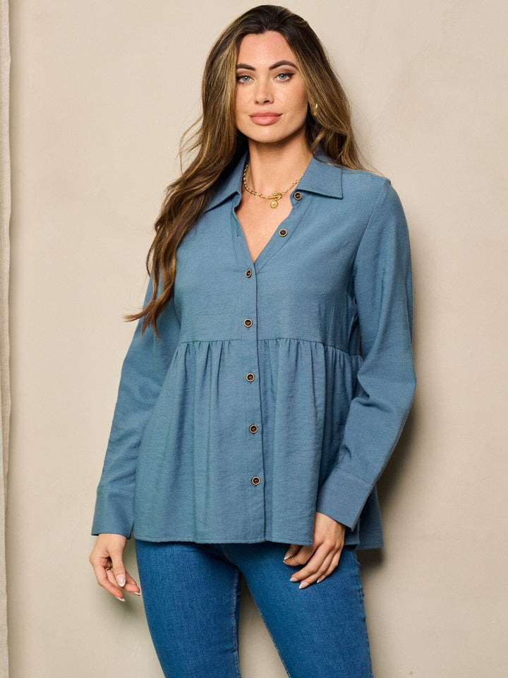 WOMEN'S LONG SLEEVE BUTTON UP BABY DOLL TOP