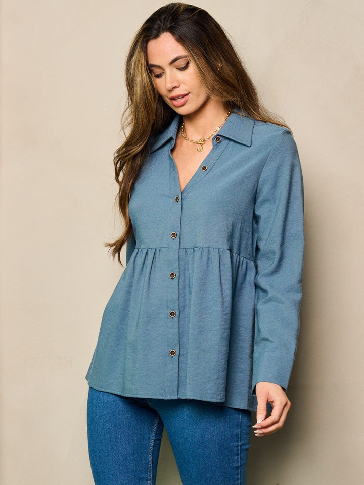 WOMEN'S LONG SLEEVE BUTTON UP BABY DOLL TOP
