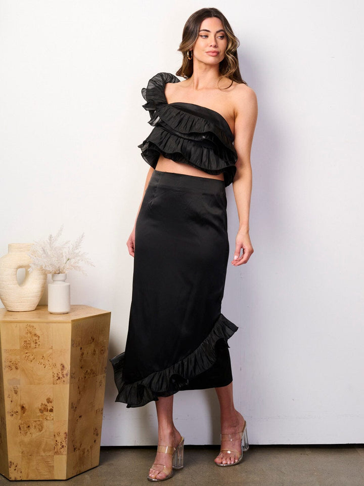 WOMEN'S ONE SHOULDER CROP TOP & MAXI SKIRT RUFFLE DETAILED 2PC. SET