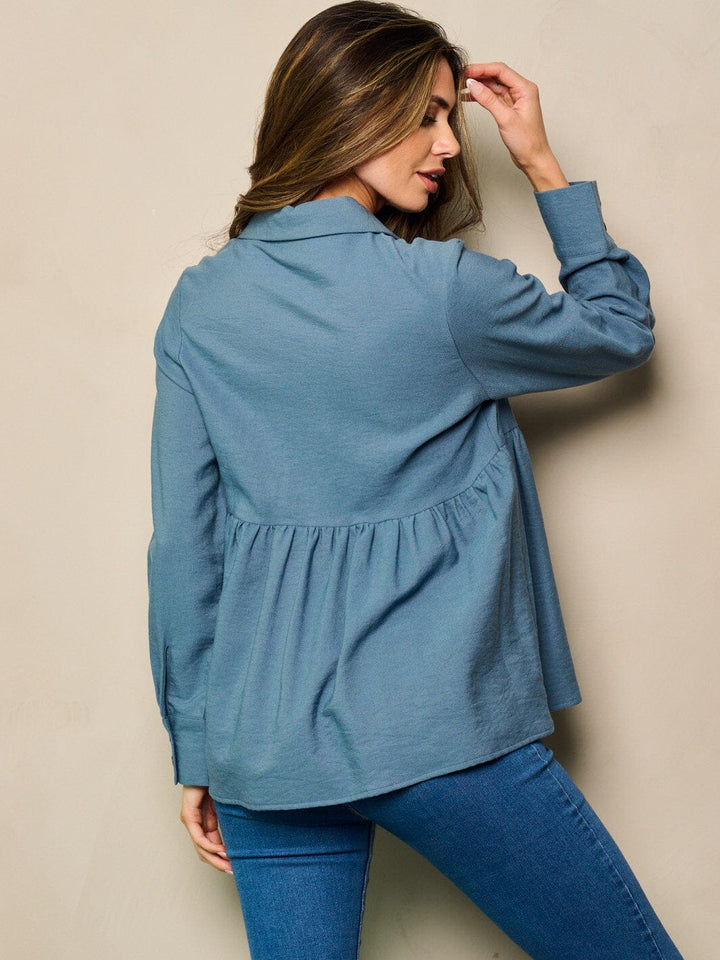 WOMEN'S LONG SLEEVE BUTTON UP BABY DOLL TOP