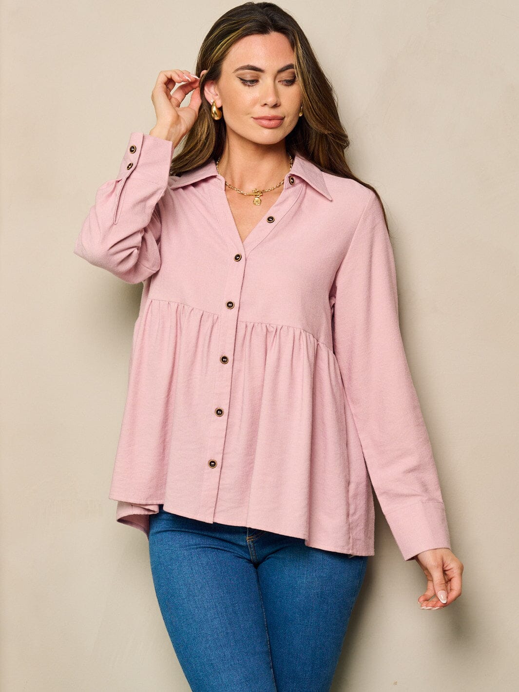 WOMEN'S LONG SLEEVE BUTTON UP BABY DOLL TOP