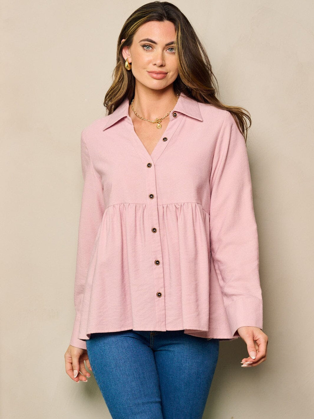 WOMEN'S LONG SLEEVE BUTTON UP BABY DOLL TOP