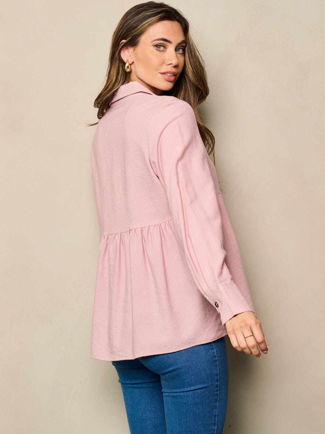WOMEN'S LONG SLEEVE BUTTON UP BABY DOLL TOP