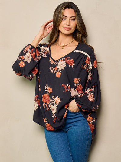 WOMEN'S LONG SLEEVE V-NECK FLORAL HIGH-LOW TUNIC TOP