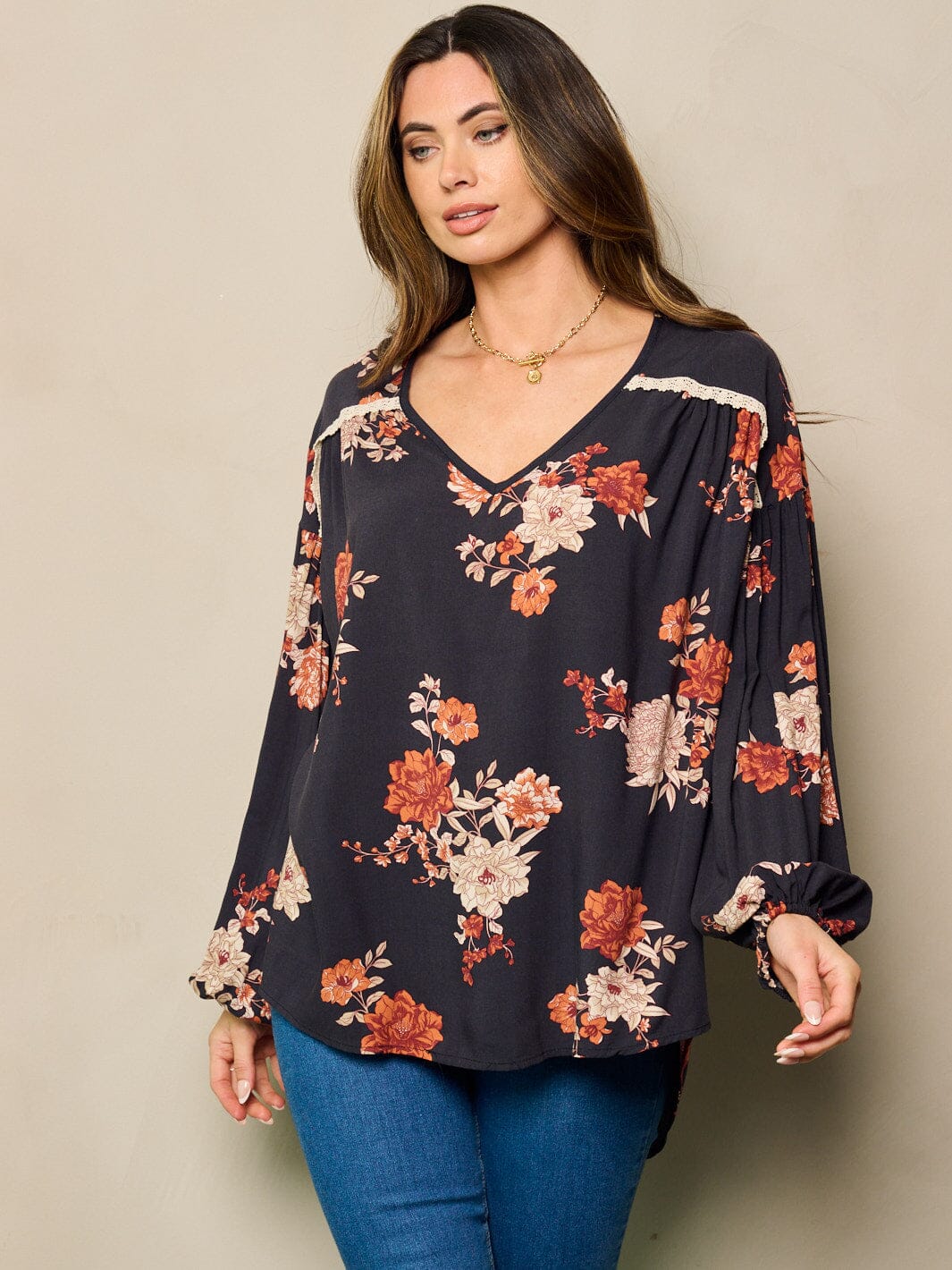 WOMEN'S LONG SLEEVE V-NECK FLORAL HIGH-LOW TUNIC TOP ...
