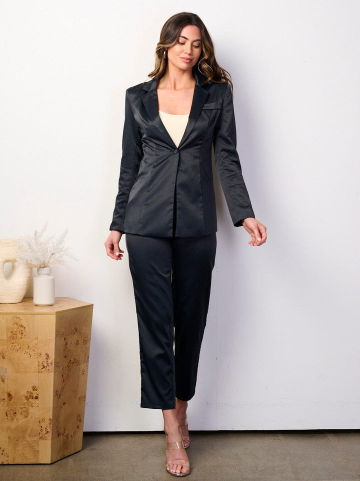 WOMEN'S LONG SLEEVE BLAZER & WIDE LEG PANTS SATIN 2PCS SET