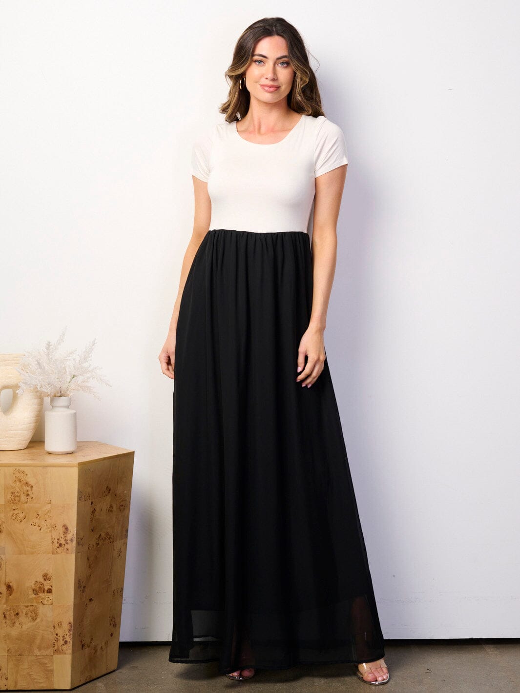 WOMEN'S SHORT SLEEVE ELASTIC WAIST COLORBLOCK MAXI DRESS