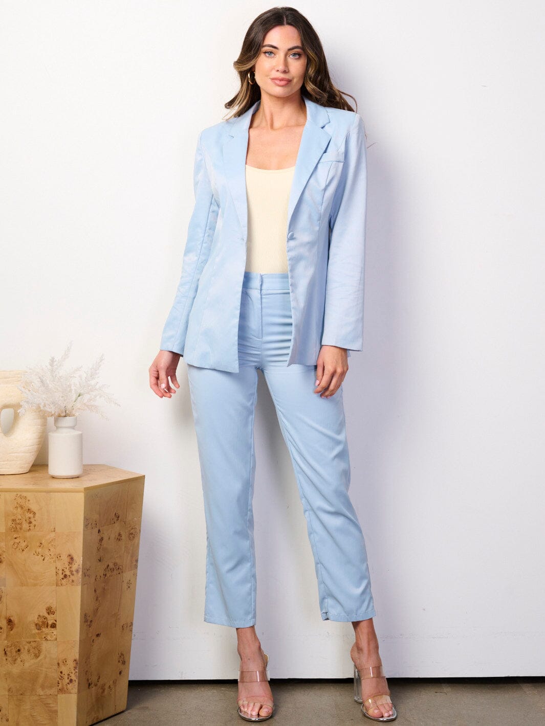 WOMEN'S LONG SLEEVE BLAZER & WIDE LEG PANTS SATIN 2PCS SET