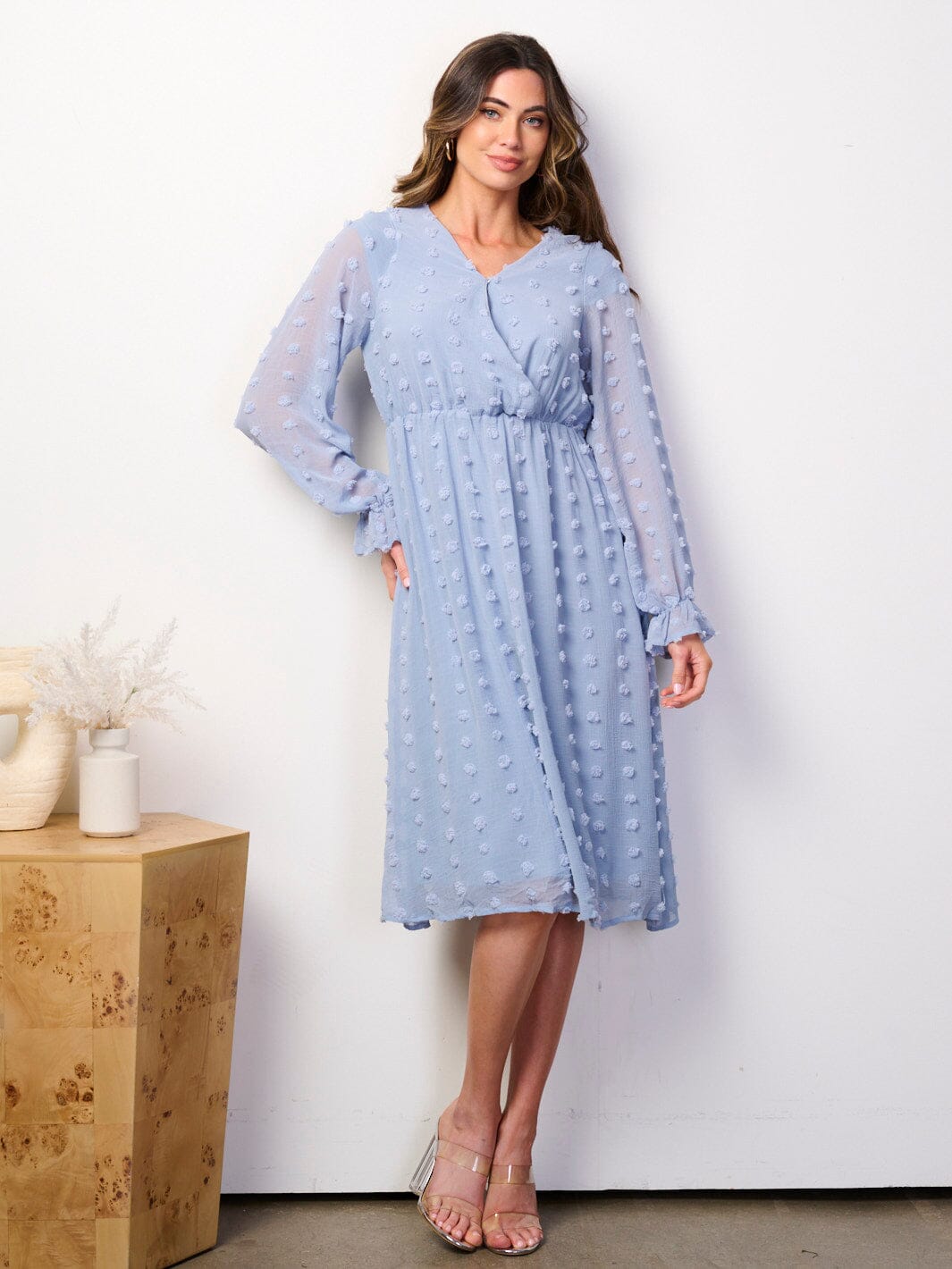 WOMEN'S LONG SLEEVE SURPLICE SWISS DOTS MIDI DRESS