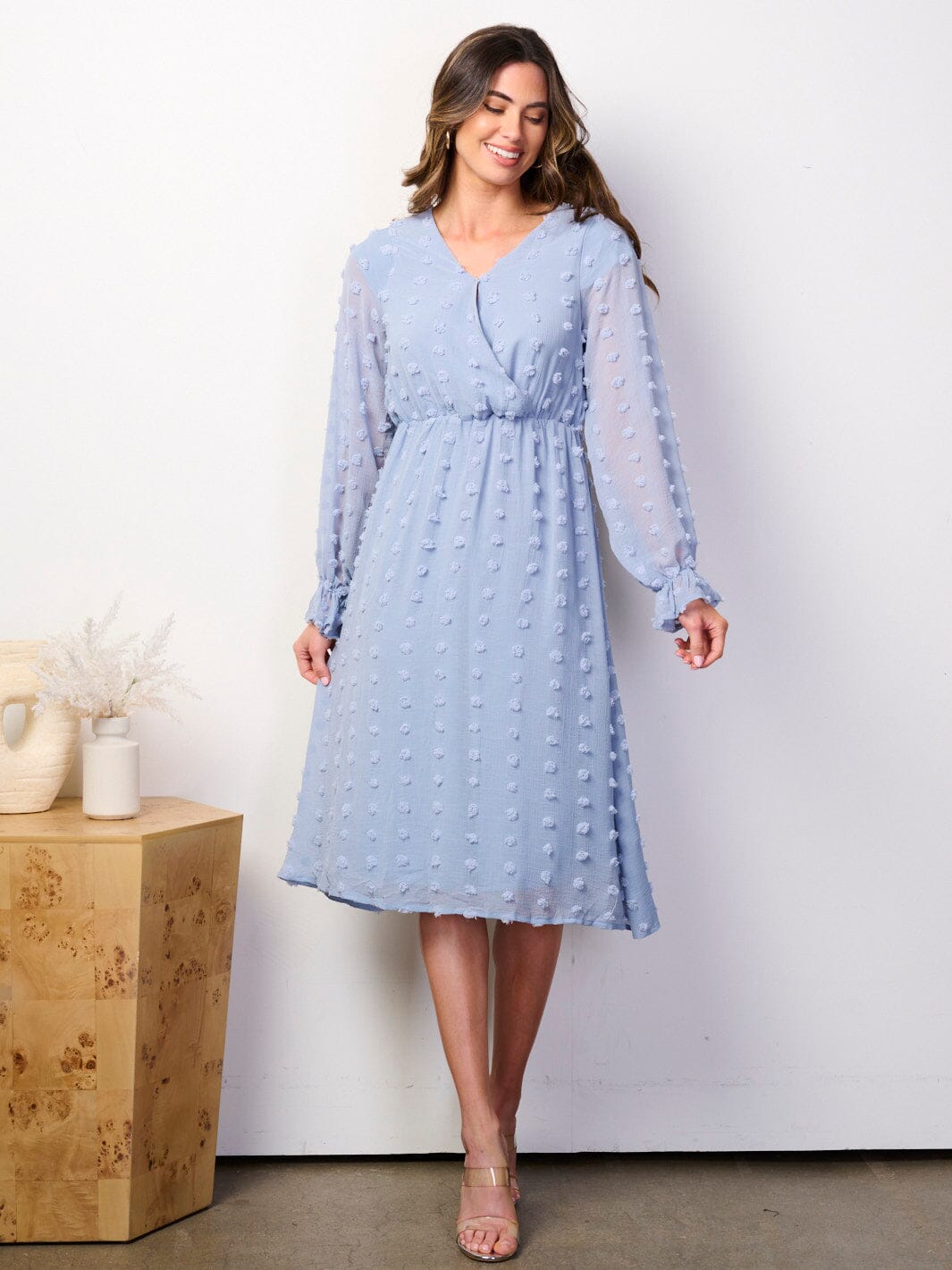 WOMEN'S LONG SLEEVE SURPLICE SWISS DOTS MIDI DRESS