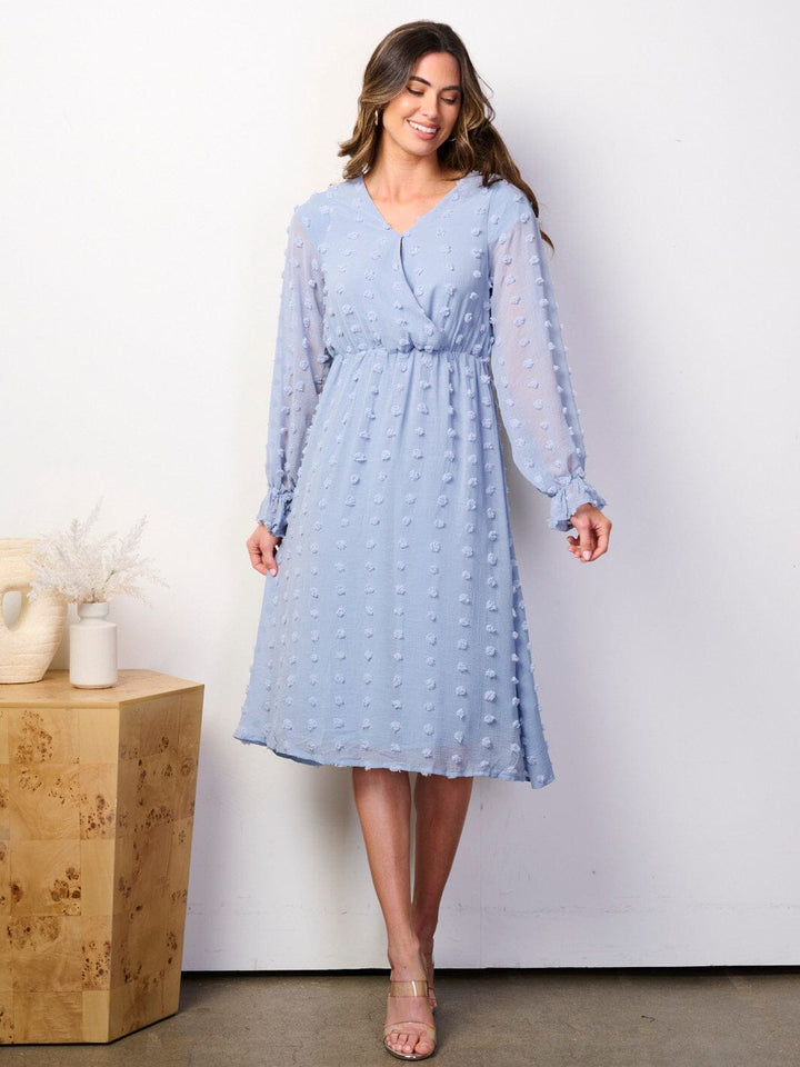 WOMEN'S LONG SLEEVE SURPLICE SWISS DOTS MIDI DRESS