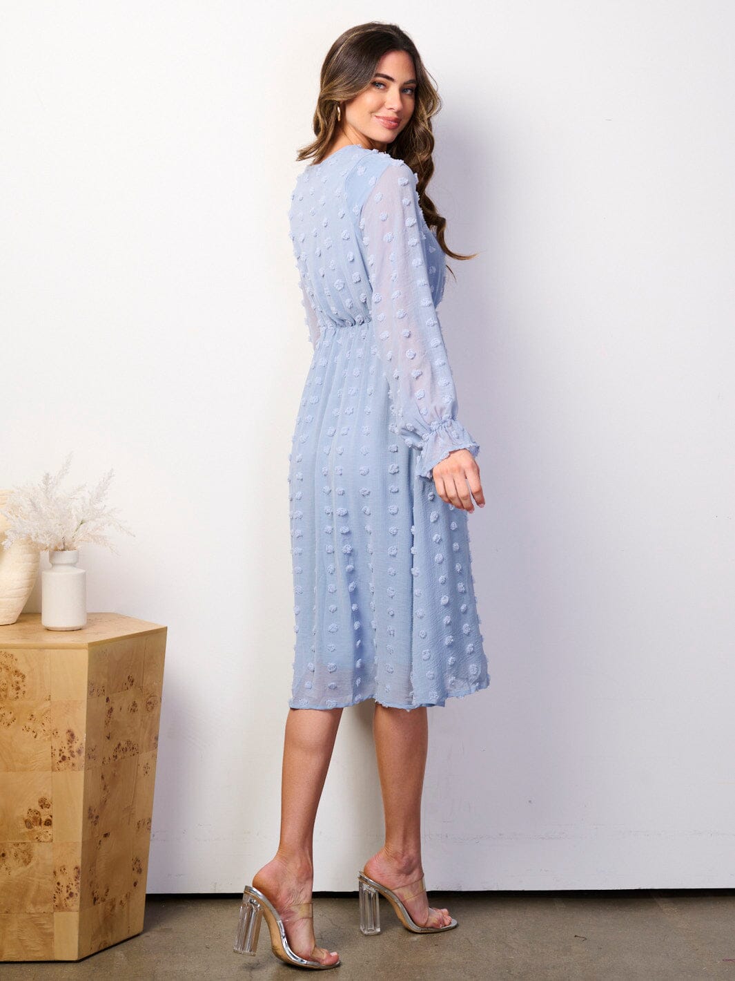 WOMEN'S LONG SLEEVE SURPLICE SWISS DOTS MIDI DRESS