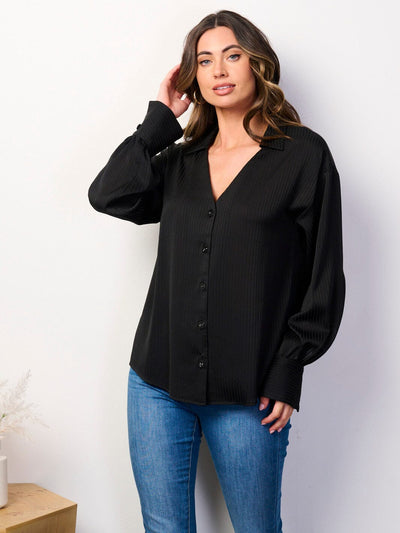 WOMEN'S LONG SLEEVE BUTTON UP V-NECK BLOUSE TOP