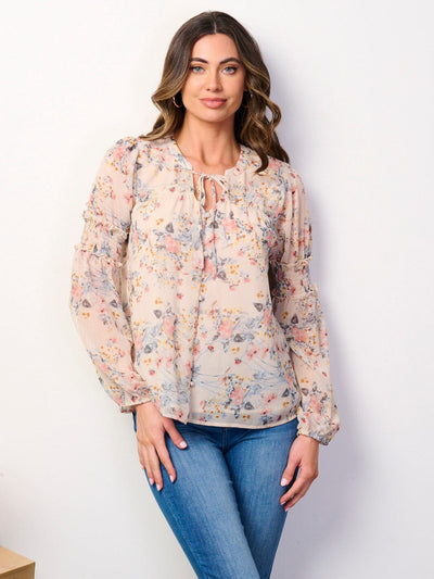 WOMEN'S LONG SLEEVE BUTTON UP RUFFLE FLORAL BLOUSE TOP