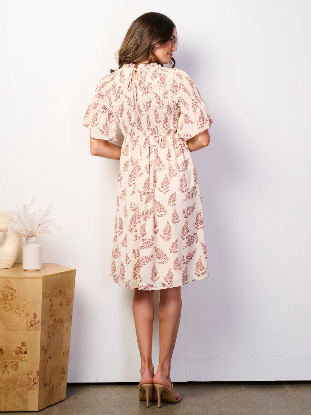 WOMEN'S SHORT RUFFLE SLEEVE SMOCK LEAF PRINT MINI DRESS