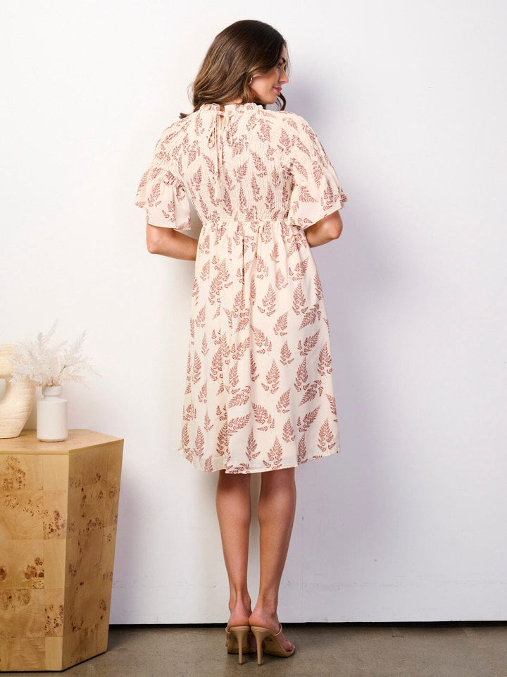 WOMEN'S SHORT RUFFLE SLEEVE SMOCK LEAF PRINT MINI DRESS