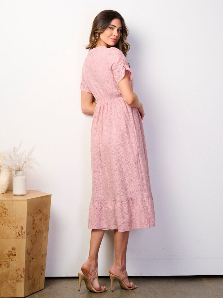 WOMEN'S SHORT RUCHED SLEEVE BUTTON CLOSURE EYELET MIDI DRESS