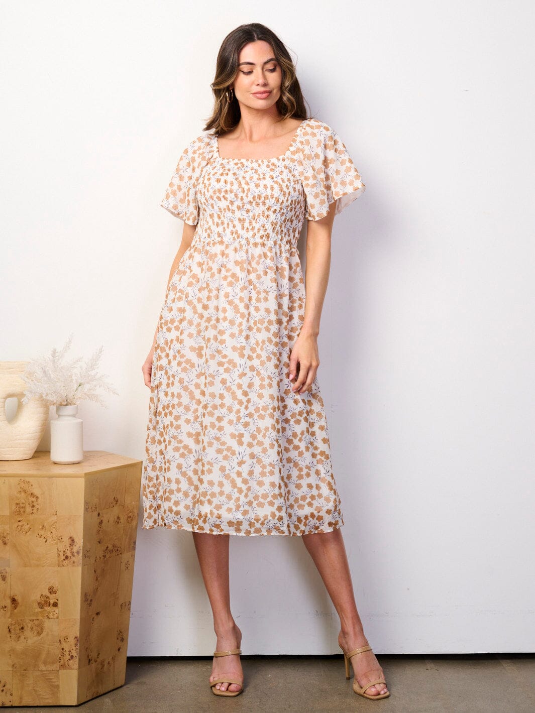 WOMEN'S SHORT SLEEVE SMOCK FLORAL MIDI DRESS