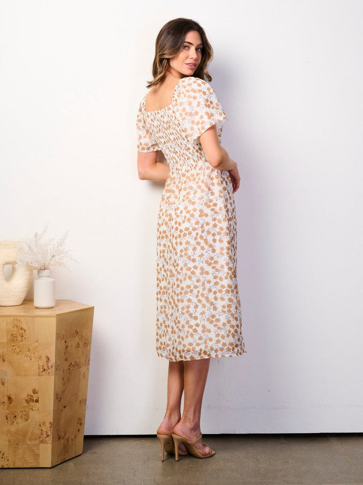 WOMEN'S SHORT SLEEVE SMOCK FLORAL MIDI DRESS