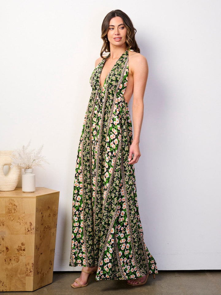 WOMEN'S SLEEVELESS BACKLESS V-NECK FLORAL MAXI DRESS